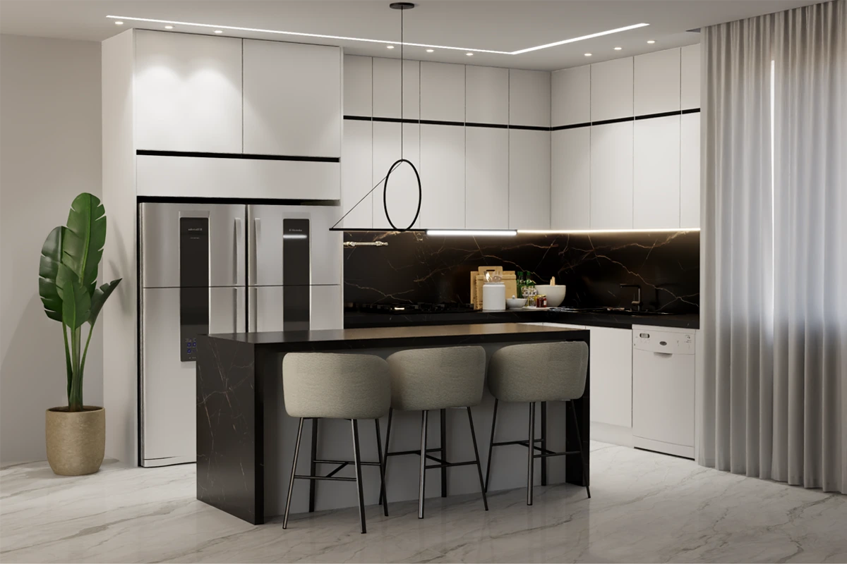 کابینت مینیمال با دور طراحی و رنگ متفاوت