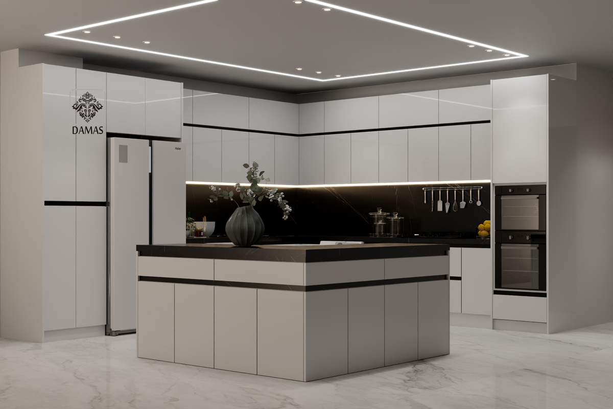 کابینت مینیمال سفید به همراه جزیره